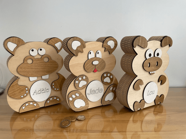 Tirelire en bois cochon, ours, hippopotame personnalisable
