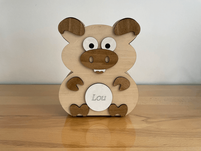 Tirelire en bois cochon, ours, hippopotame personnalisable