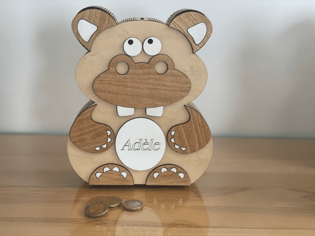 Tirelire en bois cochon, ours, hippopotame personnalisable