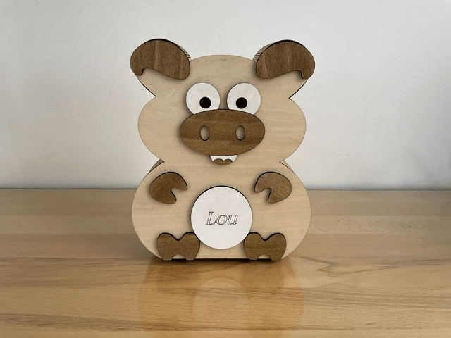 Tirelire en bois cochon, ours, hippopotame personnalisable