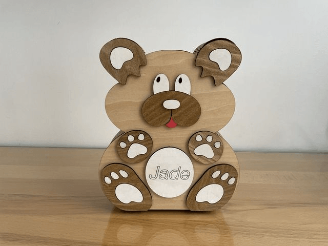 Tirelire en bois cochon, ours, hippopotame personnalisable