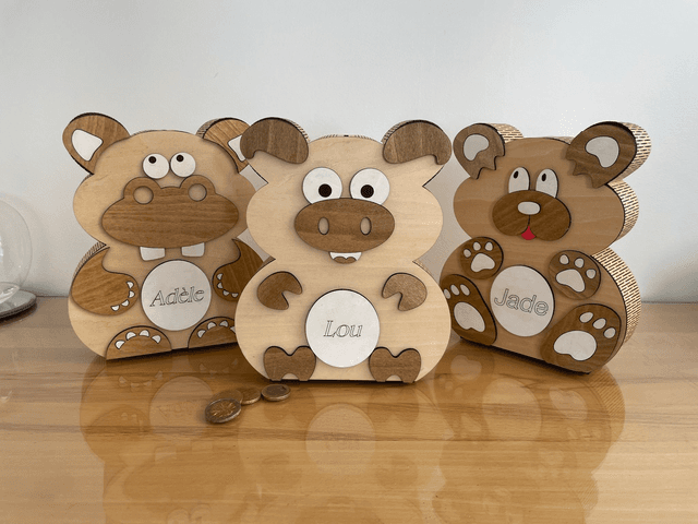 Tirelire en bois cochon, ours, hippopotame personnalisable
